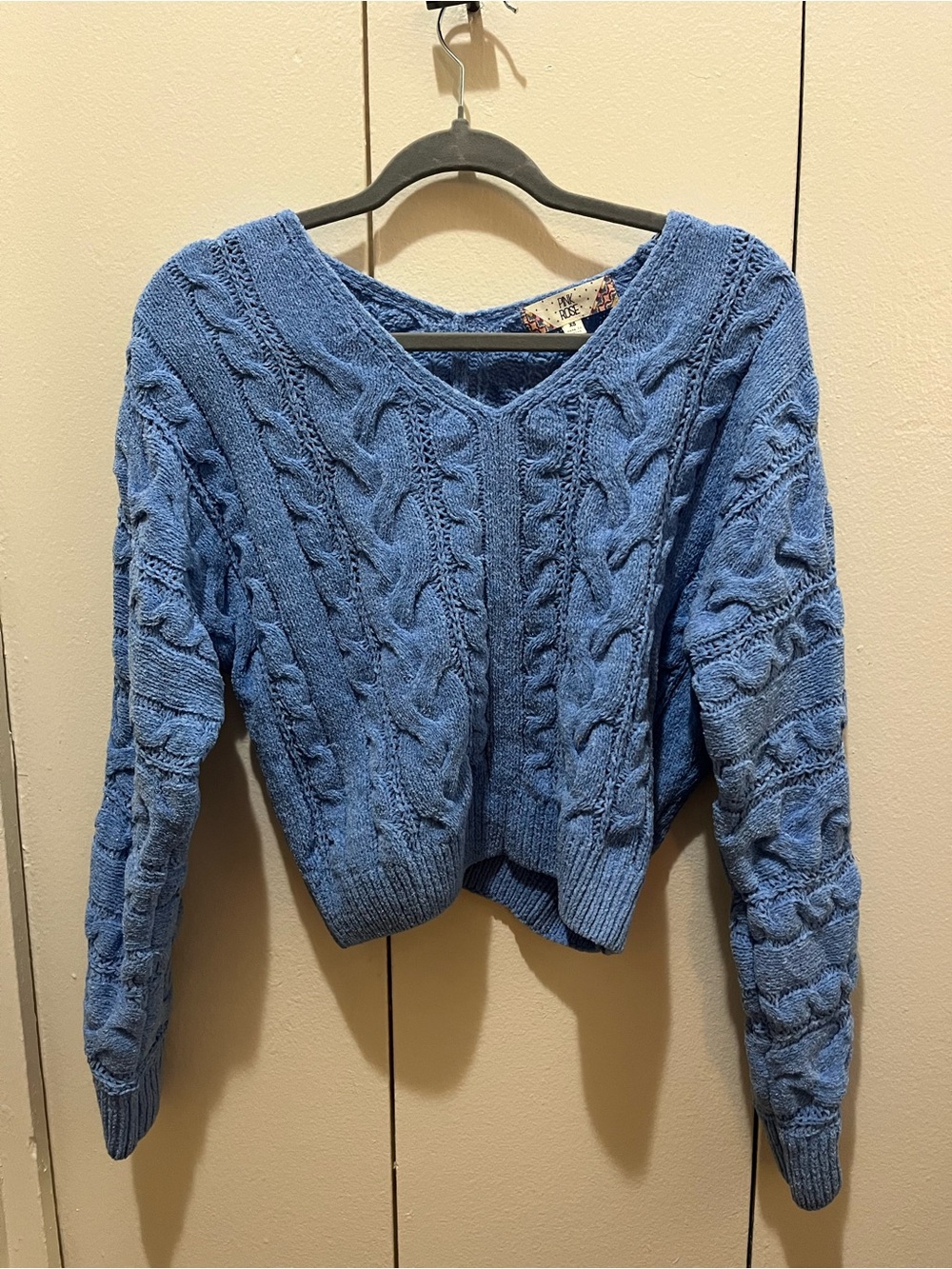 Pink Rose Blue Cable-Knit Scoop Neck Sweater